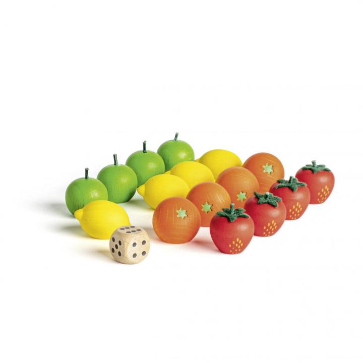 Spieltisch - Früchtchen ärgere Dich nicht: Spieltisch mit Früchten als Spielfiguren: Holzspielfiguren Äpfel, Zitronen, Orangen und Erdbeeren. KiTa-Spielewelt