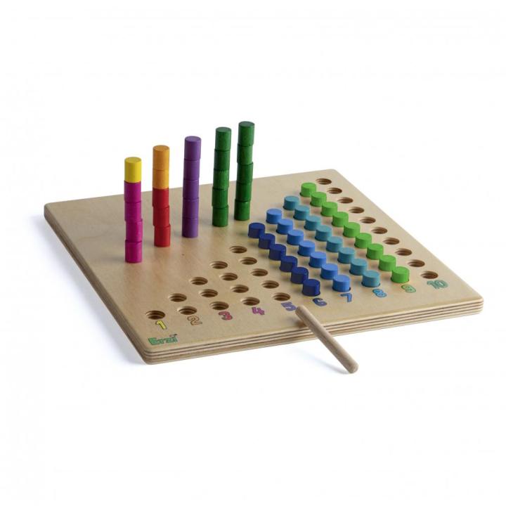 Lernspiel Zählbrett, Holzbrett mit gestapelten und gesteckten verschieden farbigen Holzstäbchen. KiTa-Spielewelt