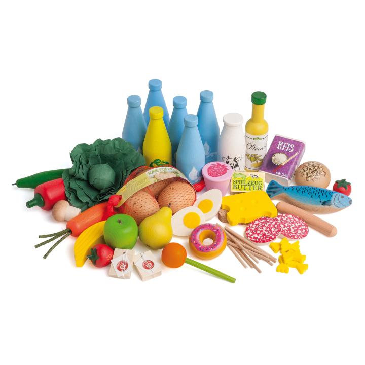 Ernährungsteller - Ernährungspyramide 51-teilig, Holzspielzeug, farbig bedruckt, mit Holzfiguren, die Lebensmittel darstellen. KiTa-Spielewelt