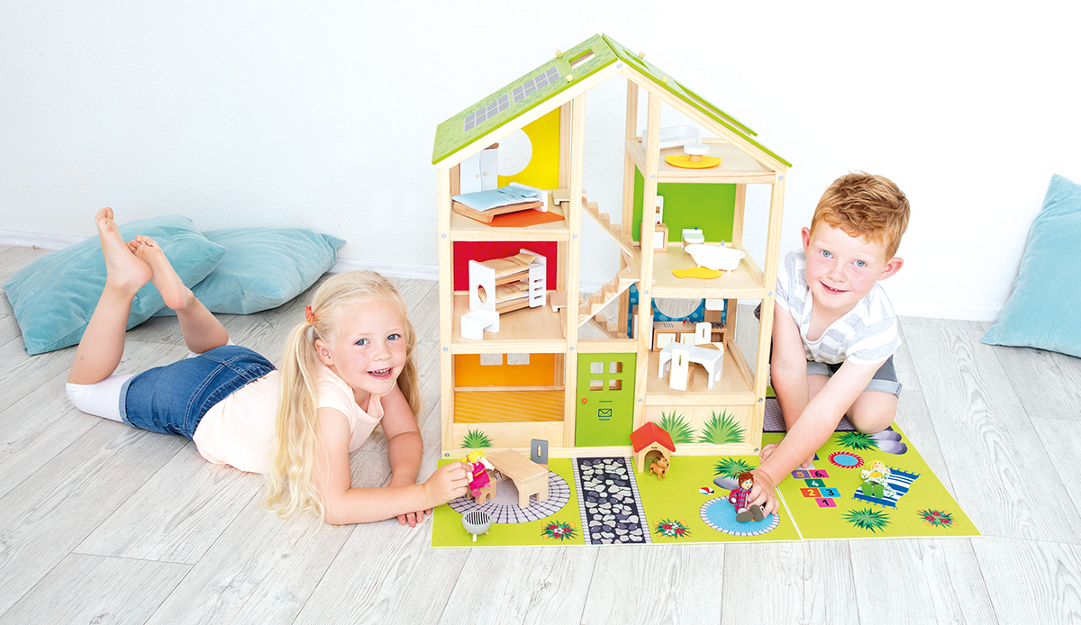 Puppenhaus XXL von Beleduc - Holzspielzeug mit 44 Teilen, geeignet für Rollenspiele in Gruppen. Kita-Spielewelt