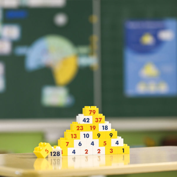 Zahlenmauern. Pyramide aus Noppenbausteinen mit Rechenbeispielen. KiTa-Spielewelt