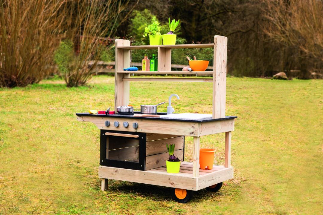 Mobile Matsch-Küche - Holzspielzeug für Garten, Terrasse, Balkon oder Zimmer - KiTa-Spielewelt