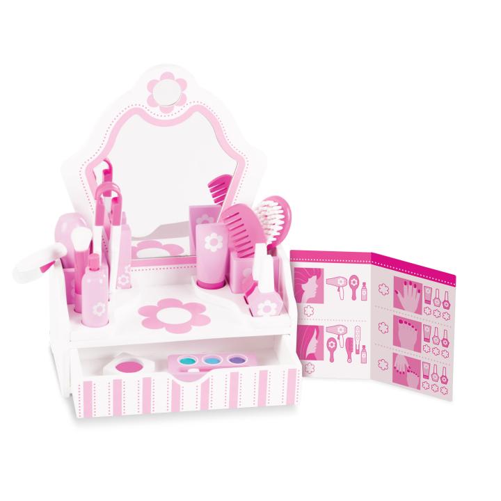 Kosmetik-Set - Beauty-Salon für Kinder, Holzspielzeug, 18 Teile, mit Spiegel, Schublade und Spa-Karte. KiTa-Spielewelt