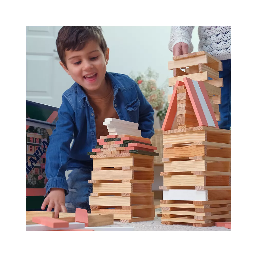 Kapla 200er Box rosa: passende Holzbausteine für hohe Gebäude. KiTa-Spielewelt