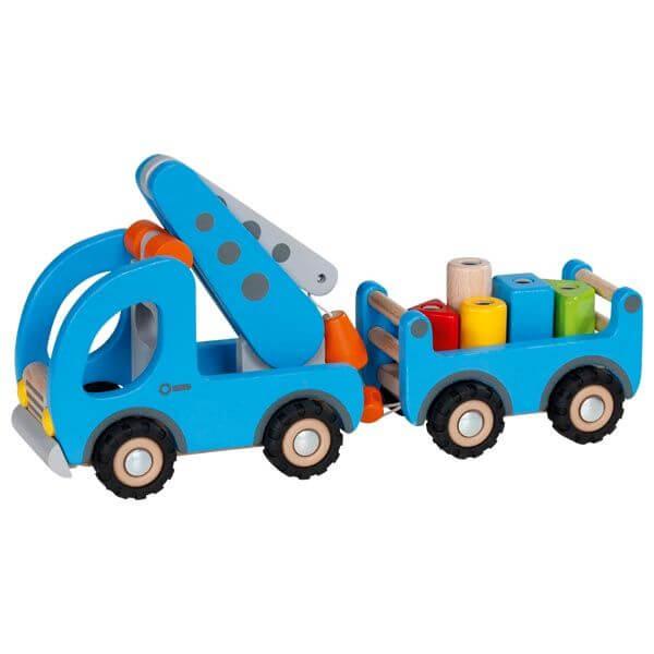 Kranwagen mit Anhänger und magnetischen Bausteinen, Holzspielzeug. KiTa-Spielewelt