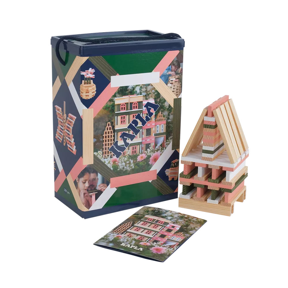 Kapla 200er Box rosa: Originalverpackung, Gebäude und Anleitung der Holzbausteine. KiTa-Spielewelt