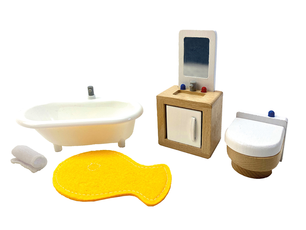 Badezimmermöbel aus Holz für das Puppenhaus XXL von Beleduc. KiTa-Spielewelt