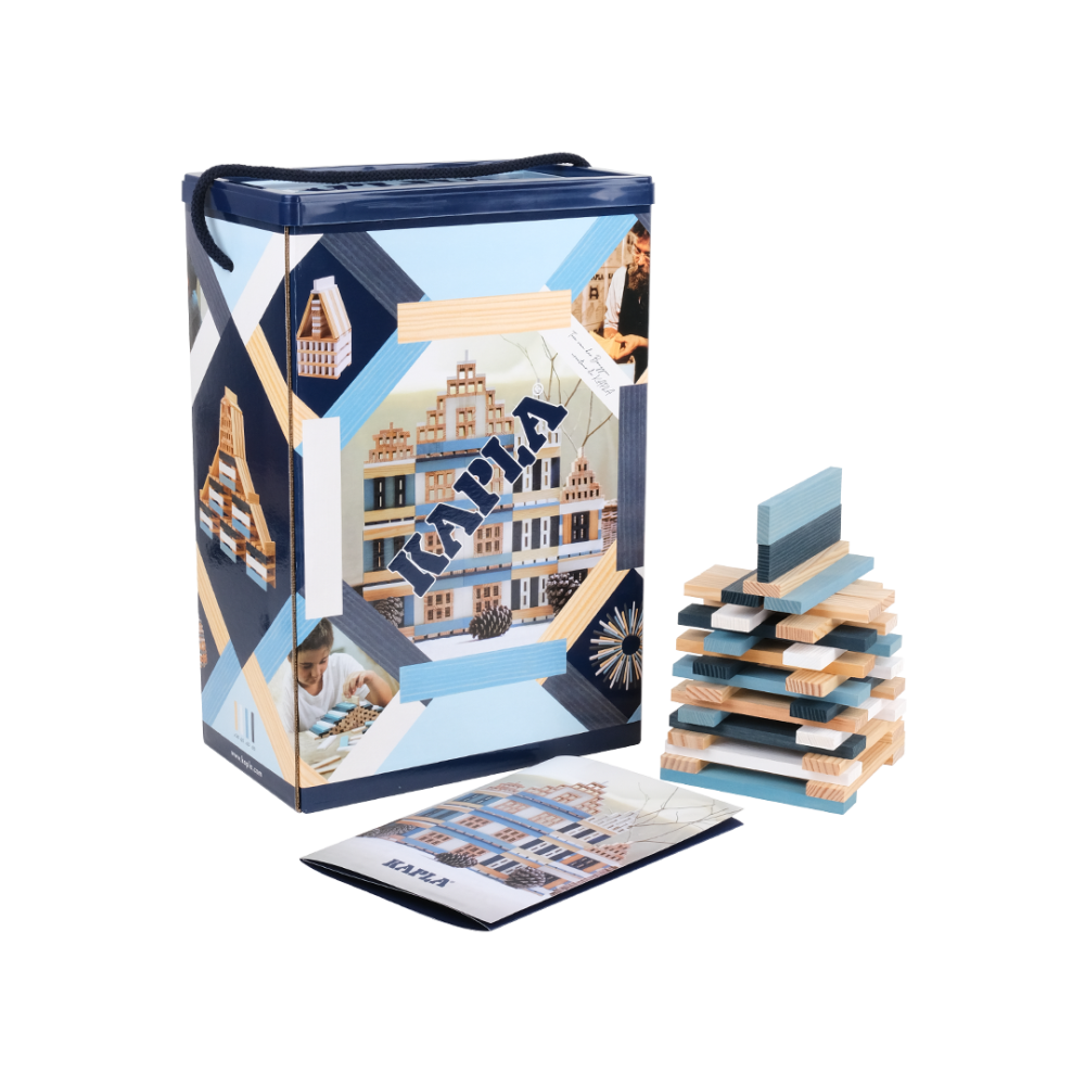 Kapla 200er Box blau: Box mit 200 Holzplättchen und Anleitungsheft. KiTa-Spielewelt