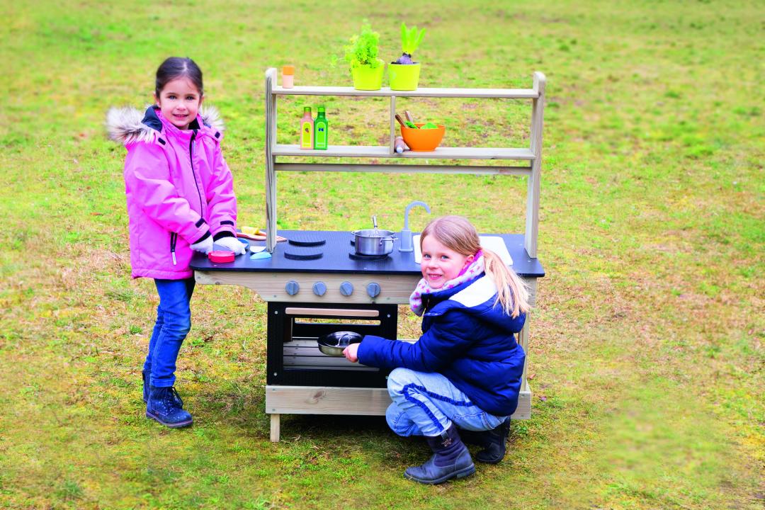 Mobile Matsch-Küche - Kinderküche mit Herd, Backofen, Spüle und Regal - KiTa-Spielewelt