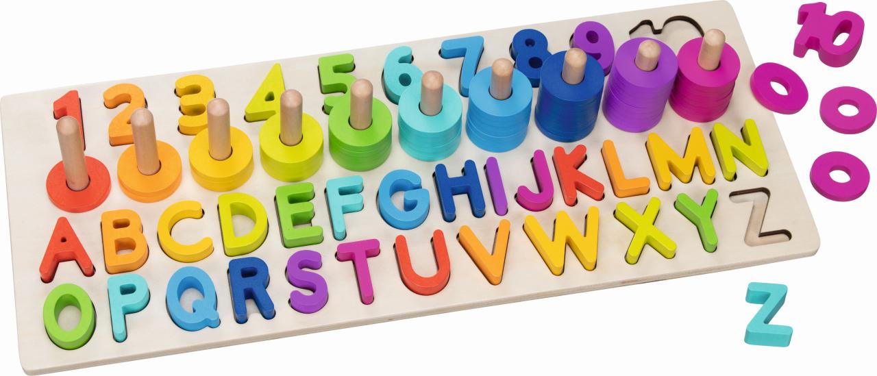 Alphanumerisches Puzzle - Holzpuzzle mit farblich verschiedenen Buchstaben und Zahlen sowie Scheiben zum Stecken. KiTa-Spielewelt