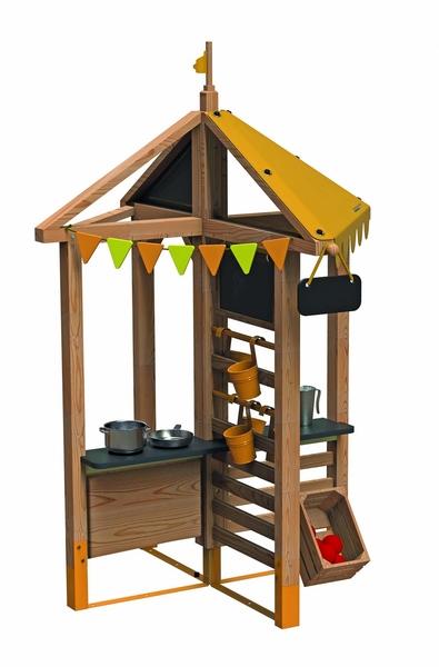 Rollenspiel Kiosk 4 in 1: Holzspielhaus mit Kochtöpfen und Obstkiste. KiTa-Spielewelt