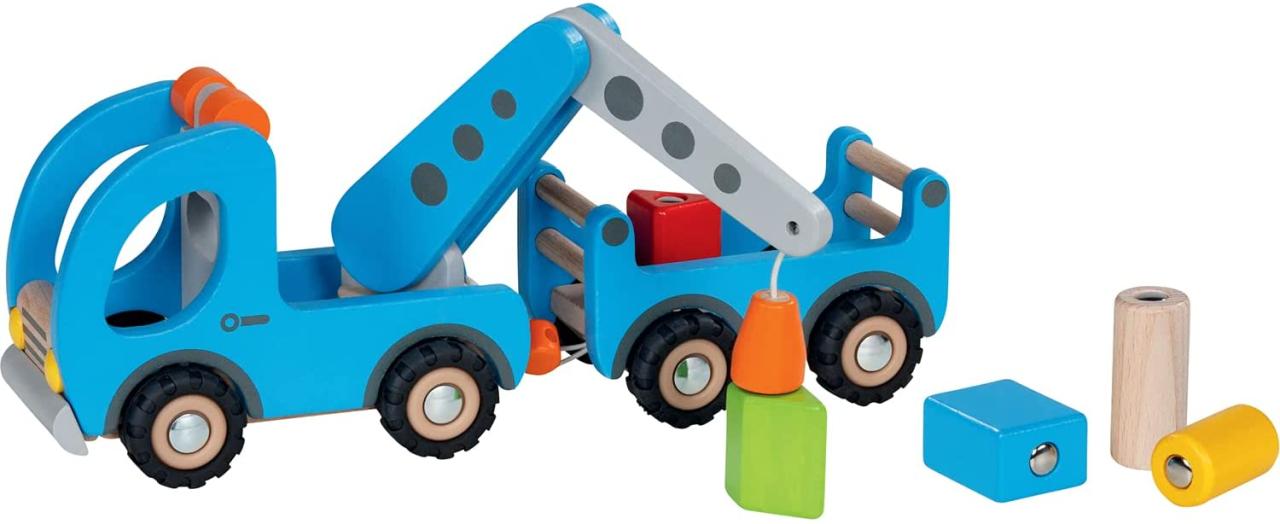 Kranwagen mit Anhänger, Holzspielzeug mit 7 beweglichen Teilen zum Aufladen. KiTa-Spielewelt