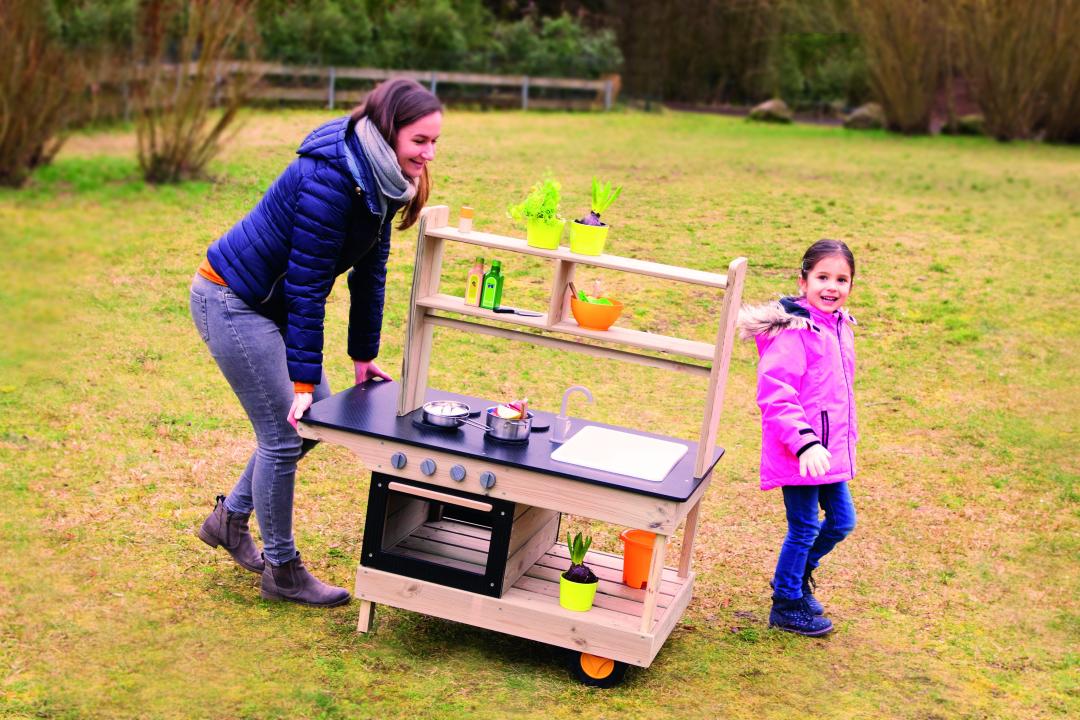 Mobile Matsch-Küche - Kinderküche aus Holz, auf Rollen, für draußen oder drinnen - KiTa-Spielewelt