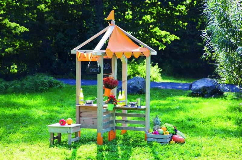 Rollenspiel Kiosk 4 in 1: Marktstandvariante des wetterfesten Spielhauses im Garten. KiTa-Spielewelt