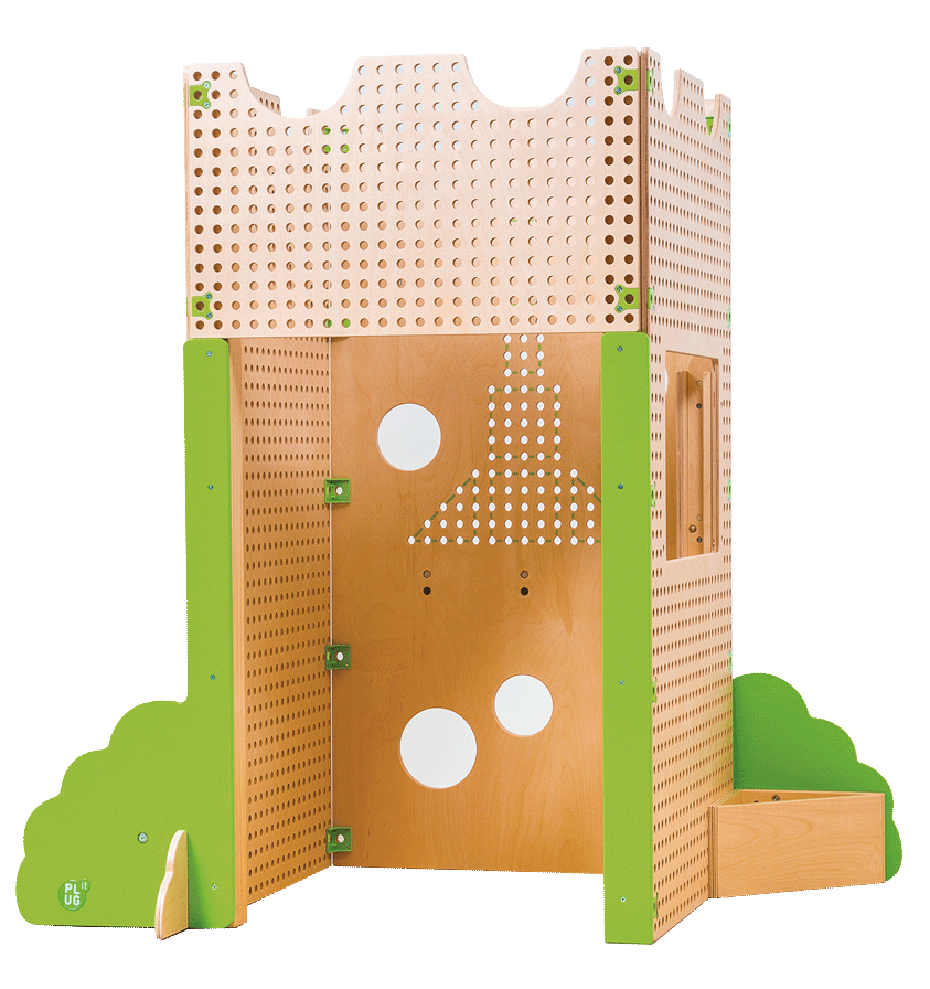 PLUG IT, Activity Spielhaus ohne Zubehör,  Kletterturm aus Holz mit Lochbretter und grünen Akzenten für Kindertagesstätten